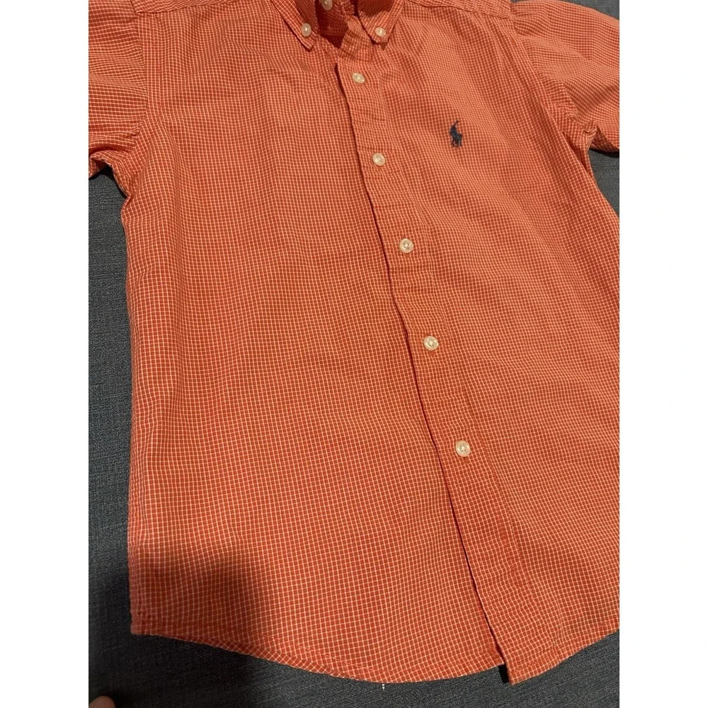 Ralph Lauren Boys Button Down Shirt Size 6 Orange Gingham Blue Pony Short Sleeve